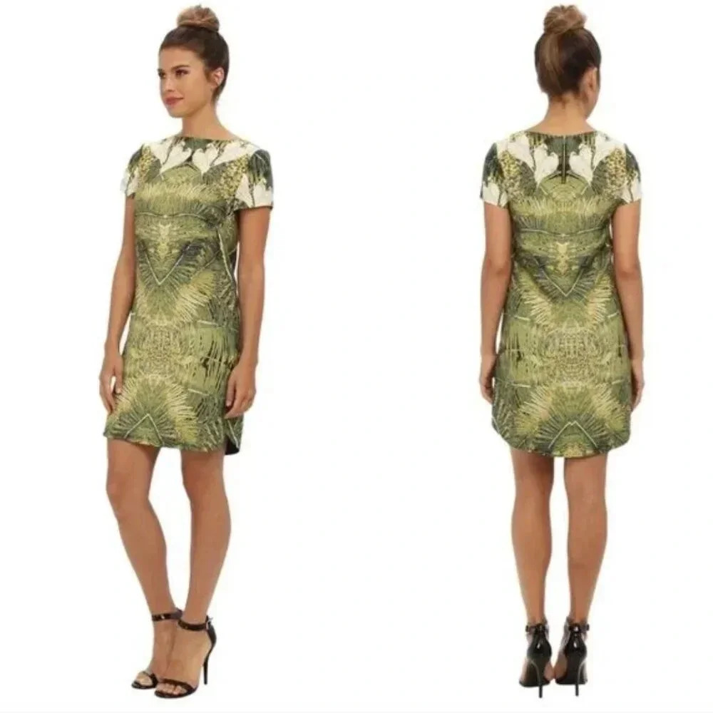 Ted Baker Dondri Dress Shift Mini Short Sleeve Tropical Dove Green Size US 4